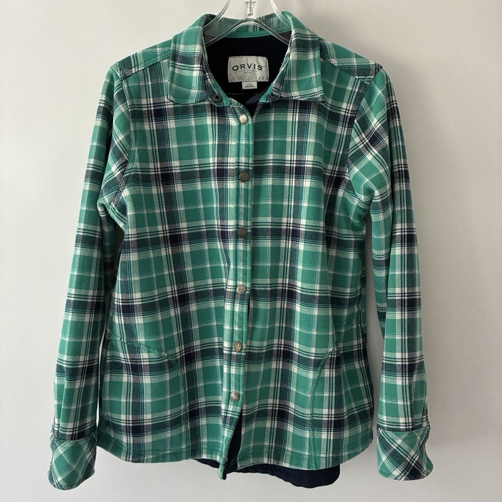 Orvis Womens Sz L Shacket Green Plaid Flannel Fleece Lined Shirt Jacket Outdoor